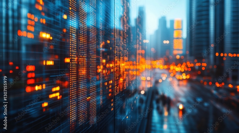 Fototapeta premium A vibrant cityscape featuring illuminated buildings and reflective surfaces, showcasing the fusion of technology and urban life.