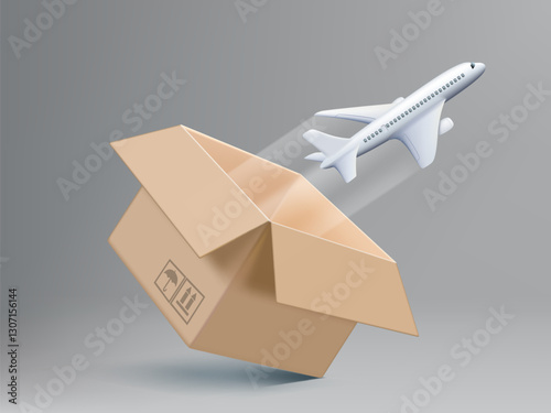 Airplane flies out of the cardboard box. Transportation and delivery of cargo. Vector illustration