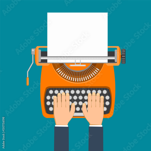 Human hands typing on vintage typewriter with paper. Isolated on a colored background. Vector illustration