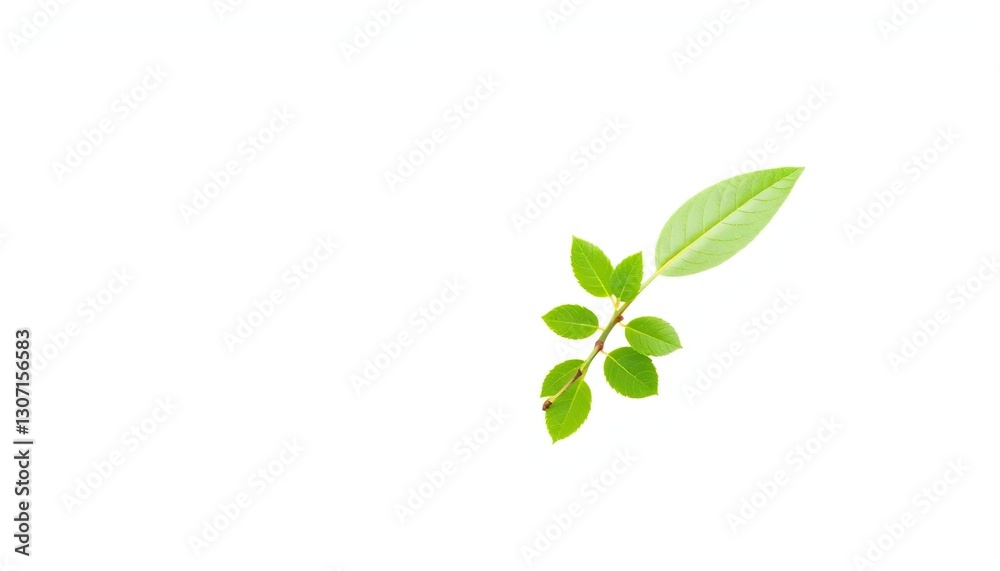 Single vibrant green plant, isolated on pure white backdrop, detail, fresh