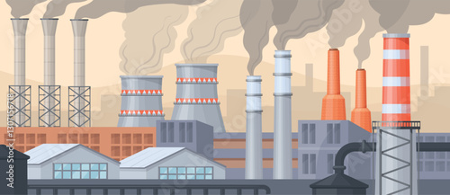 Factory air pollution. Polluted environment dirty bad ecology, industrial chimney toxic smoke pollute city sky, oil gas factory coal industry carbon smog, neat vector illustration