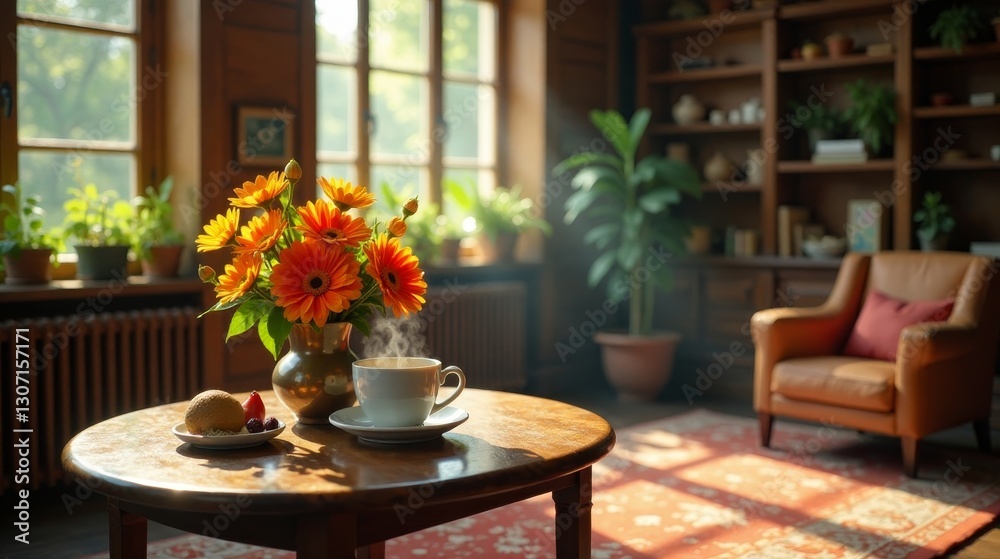 Fototapeta premium Sunlit Room with Orange Flowers, Warm Drink, and Sweet Treat on Wooden Table