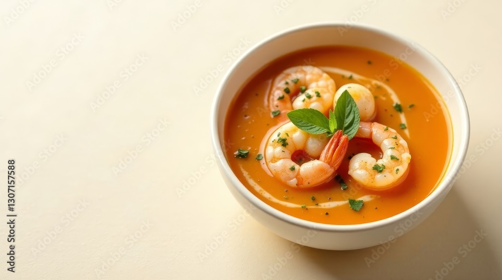 Creamy autumnal soup garnished with succulent prawns and fresh herbs in a white bowl Creamy autumnal soup garnished with succulent prawns and fresh herbs in a white bowl