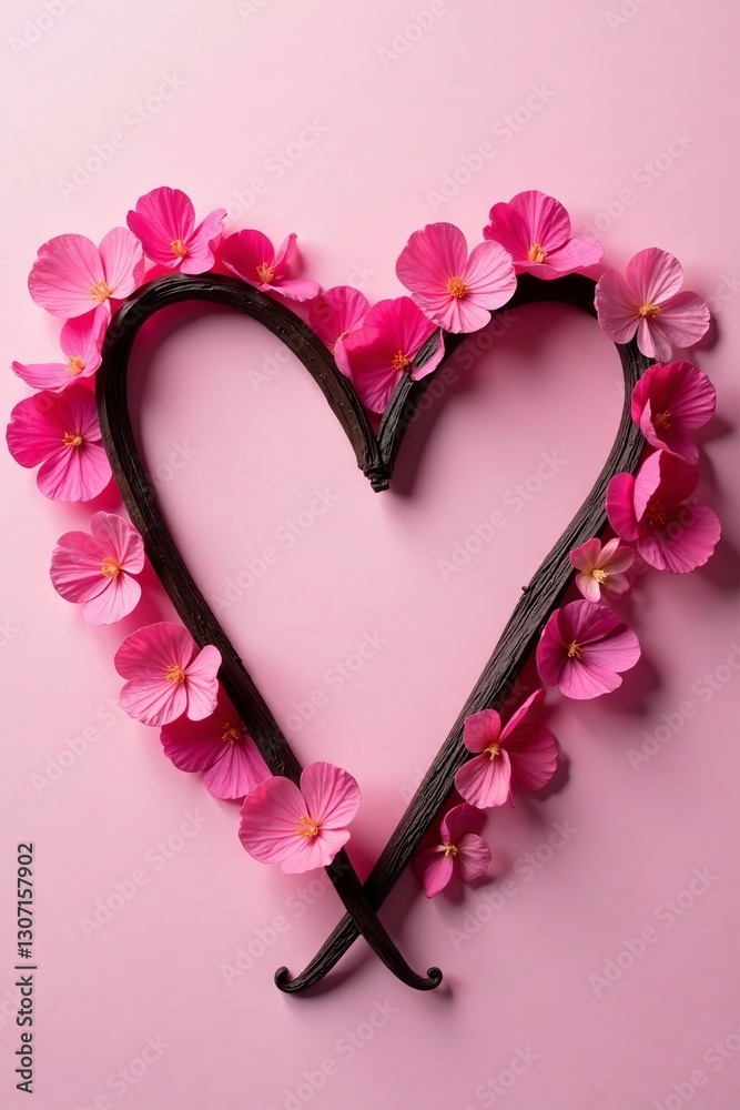 Obraz premium Top view of vanilla sticks arranged in a heart shape with pink flower petals, petals, pink flower