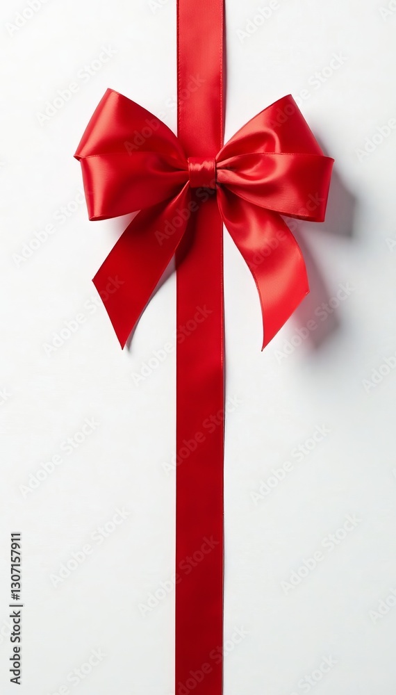 Top view of vibrant red ribbon tied in a perfect bow on a stark white surface, shiny, concept Top view of vibrant red ribbon tied in a perfect bow on a stark white surface, shiny, concept