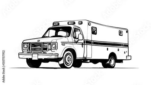 Classic ambulance vehicle isolated on transparent background featuring boxy design and emergency lights