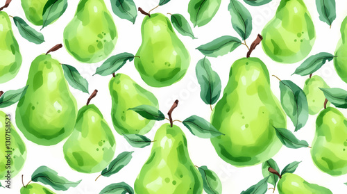 A hand-drawn pattern of watercolor pears in a seamless design, including seeds and leaves.