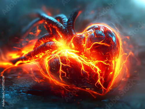 Fiery Heart Shaped Object Glowing With Energy in a Dark Fantasy Setting