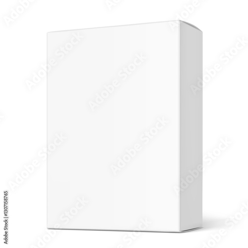 Realistic white closed paperboard box mockup. Half side view. Vector illustration isolated on white background. Taking your 2D designs into 3D. Can be use for pharmacy, cosmetic, food. EPS10.