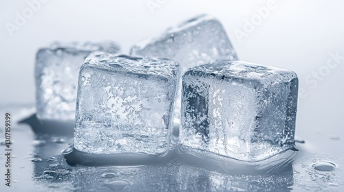 Ice cubes with frosty condensation placed on a solid light gray background, highlighting their coldness and crisp texture.