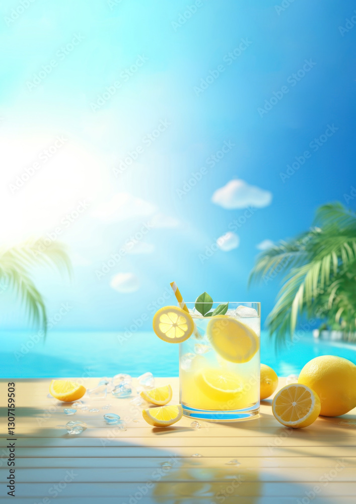Obraz premium Scene of 3d illustration lemonade, summer, whole lemonade in swimming pool, clean backgrounds.