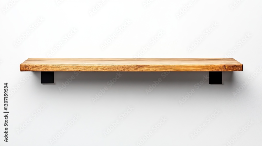 Rustic Light Brown Wooden Shelf with Black Metal Brackets on White Wall Rustic Light Brown Wooden Shelf with Black Metal Brackets on White Wall
