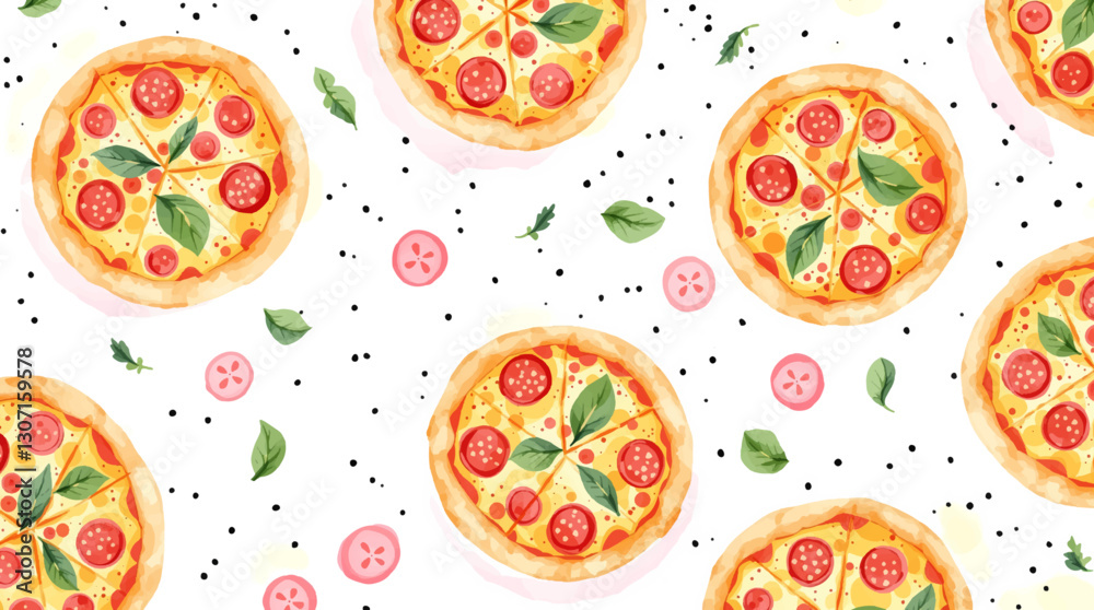 Seamless watercolor pattern featuring isolated pizza slices on a clean white background ideal for fast food and Italian cuisine designs