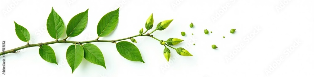 Leafy branch isolated on white background with scattered green stems and buds, botanical, stem, branches Leafy branch isolated on white background with scattered green stems and buds, botanical, stem, branches