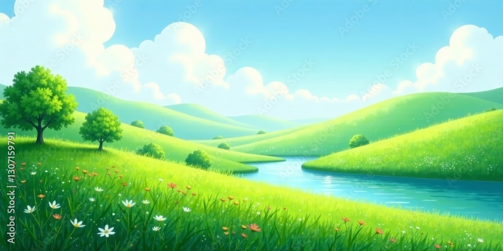 Fototapeta premium Serene Meadow Landscape Featuring a Gently Winding River, Lush Green Hills, and Vibrant Wildflowers Under a Sunny Sky