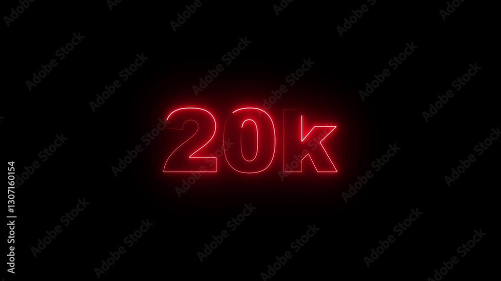 Neon glowing line 20k Ultra HD icon animation on black background. 4K Video motion 20K followers. Neon-colored 20K video regulation concept and 20k like.