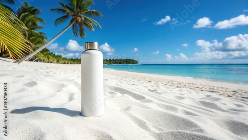 Fototapeta Naklejka Na Ścianę i Meble -  White stainless flask mockup on white sand beach in bright sunny day, Water bottle tumbler mockup on the beach