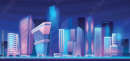 Cartoon futuristic city. Metropolis future building architecture, cyberpunk neon town night landscape modern office skyscraper, cityscape game background swanky vector illustration