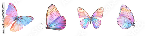 Captivating digital artwork depicting a series of colorful ethereal butterflies with iridescent wings and a dreamy pastel hued aesthetic