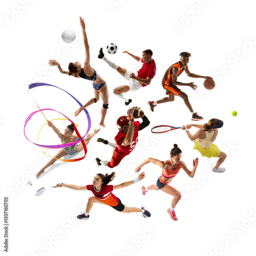 Fototapeta Naklejka Na Ścianę i Meble -  Dynamic collage. Group of athletes from various sports perform intense actions on white background. Concept of sport games, competition, action, motion, agility, tournament. Ad