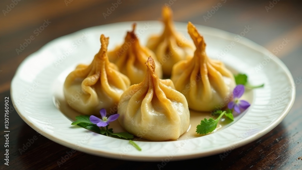 A plate of delicately folded, golden-brown dumplings garnished with vibrant purple blossoms and fresh herbs sits on a dark wood surface. A plate of delicately folded, golden-brown dumplings garnished with vibrant purple blossoms and fresh herbs sits on a dark wood surface.