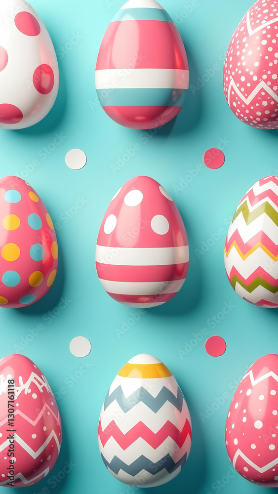 A row of colorful easter eggs with polka dots and stripes A row of colorful easter eggs with polka dots and stripes