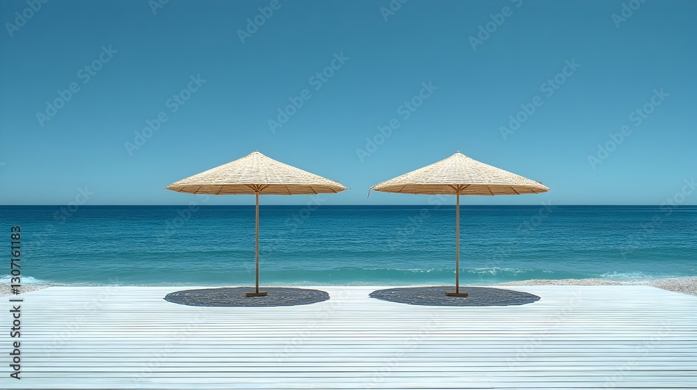 custom made wallpaper toronto digitalMinimalistic catalogue cover featuring two beach umbrellas on the sandy shoreline