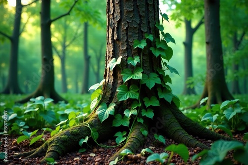 Vines and creepers snuggle around the trunk of a tree, jungle vegetation, tree trunks