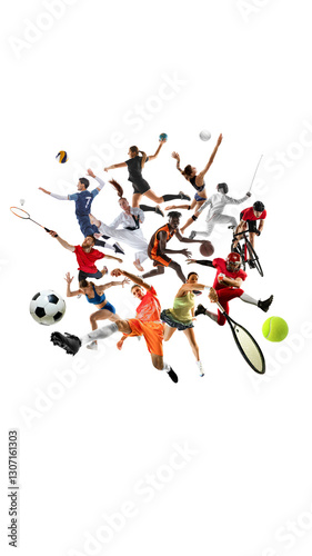 Wallpaper Mural Energetic collage. Group of lively athletes from multiple sports execute powerful moves together against white background. Concept of sport competition, action, teamwork, tournament. Torontodigital.ca