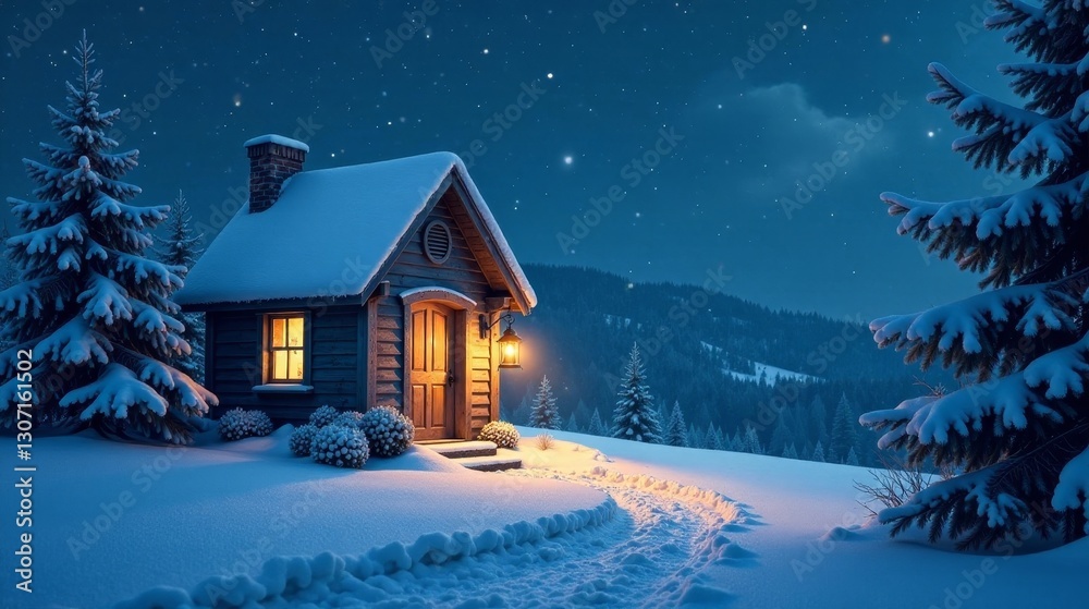 A Cozy Cabin Nestled in a Winter Wonderland, Illuminated by a Warm Glow Under a Starry Night Sky A Cozy Cabin Nestled in a Winter Wonderland, Illuminated by a Warm Glow Under a Starry Night Sky