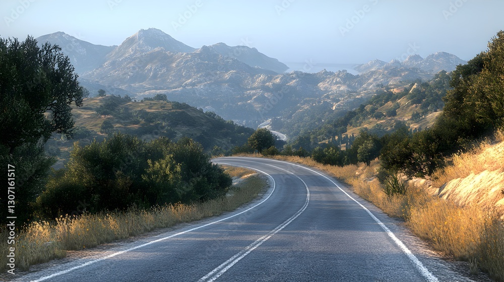 Scenic road stretching into distance surrounded by stunning mountains in the background Scenic road stretching into distance surrounded by stunning mountains in the background