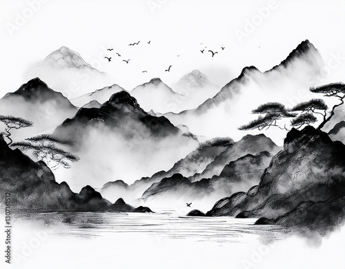 asian style mountain landscape with clouds, monochrome watercolor or ink