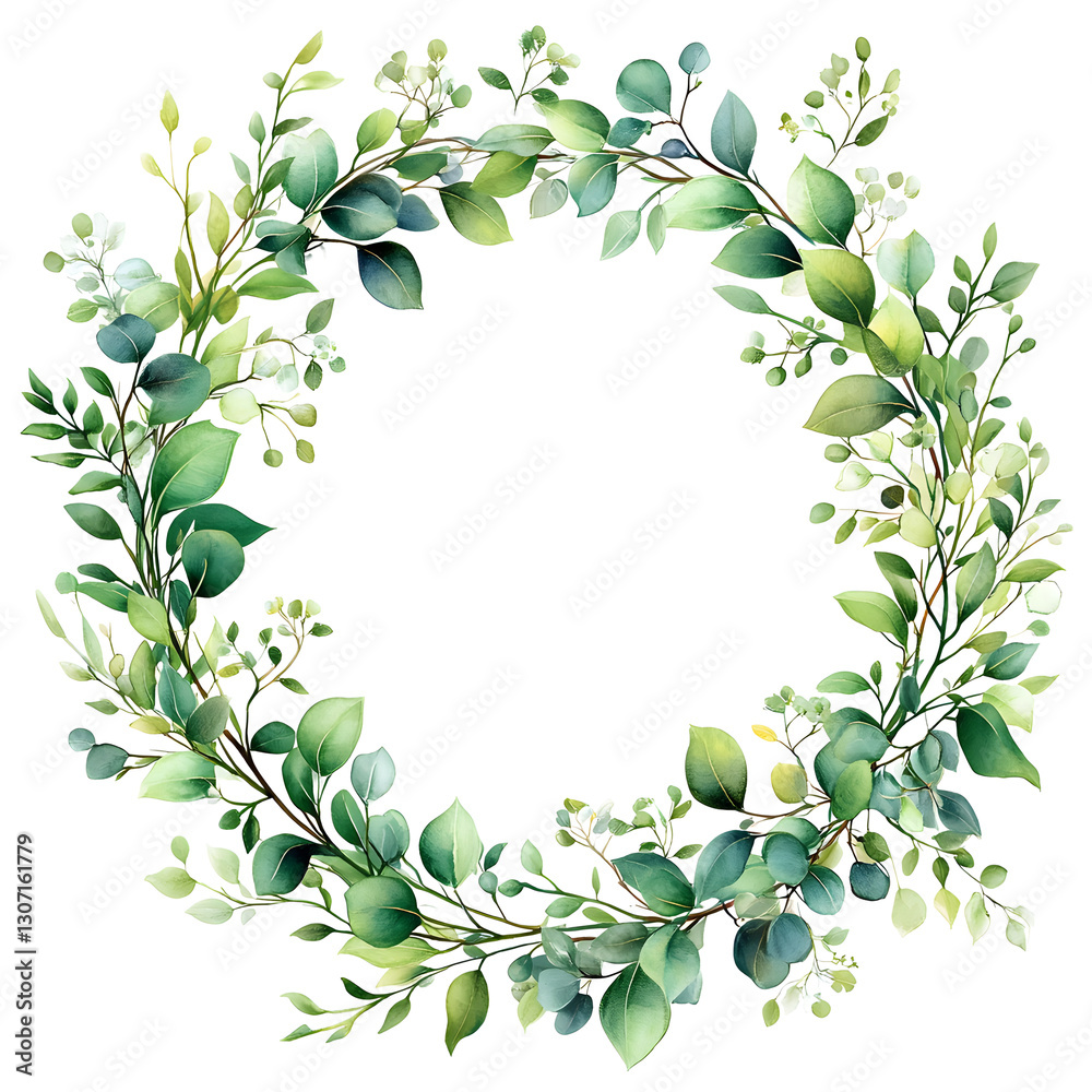 Naklejka premium Watercolor greenery wreath creating a circular frame with copy space