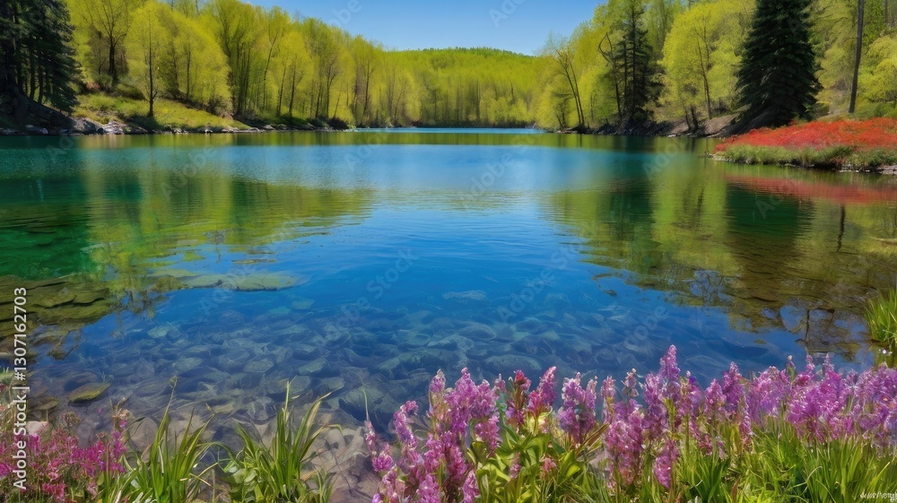 A bright, unusual, and colorful spring landscape with blooming flowers and green expanses, symbolizing the renewal of nature and the freshness of the season, creating an atmosphere of tranquility. A bright, unusual, and colorful spring landscape with blooming flowers and green expanses, symbolizing the renewal of nature and the freshness of the season, creating an atmosphere of tranquility.