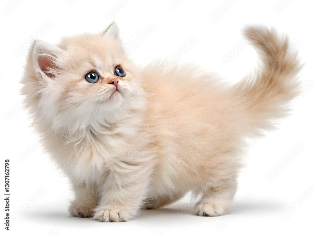Fluffy Feline Curiosity: A charming kitten with soft, beige fur and mesmerizing blue eyes gazes upwards, capturing the innocence and playful nature of the adorable animal. Fluffy Feline Curiosity: A charming kitten with soft, beige fur and mesmerizing blue eyes gazes upwards, capturing the innocence and playful nature of the adorable animal.