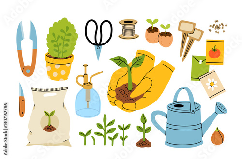 Gardening equipment and tools still life vector illustration. Garden watering can, flowers, shovel, flowerpot with plant, wellies rubber boots icon set isolated on a white background