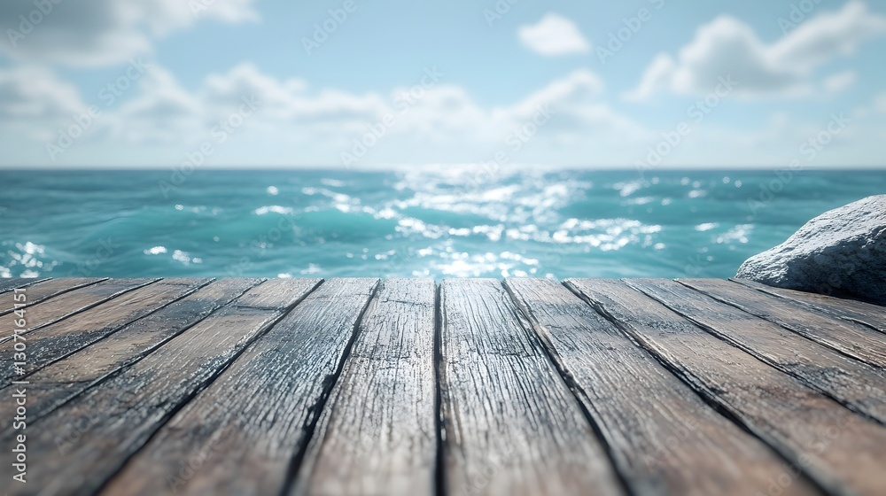 Fototapeta premium Minimalistic wooden dock in the ocean serving as a clean and rustic product mockup