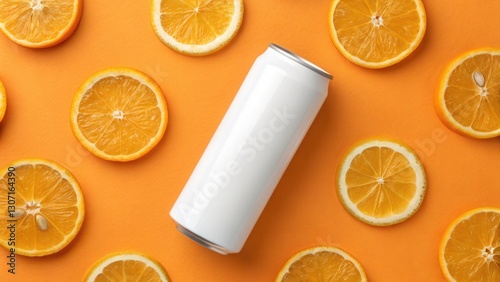 Flat lay white plain soda can mockup on orange background with sliced of oranges. Concept for Fruit juice or soda advertise