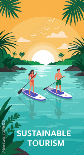 Couple doing stand up paddle in paradisiacal beach. Sustainable tourism concept. Colorful flat design illustration