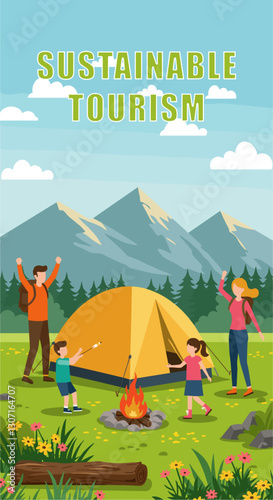Family enjoying of sustainable tourism in camping during their vacations. Colorful flat style banner