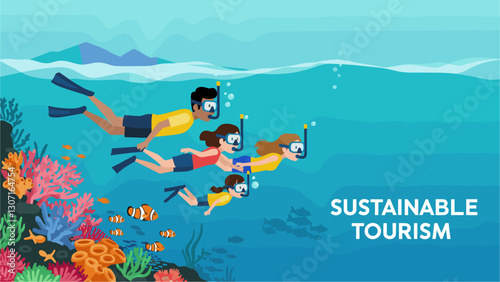 Family enjoying scuba diving in coral reef. Sustainable tourism. Colorful minimalist flat style banner