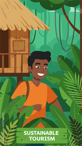 Mixed race man enjoying sustainable tourism in the middle of the jungle. Colorful flat design illustration