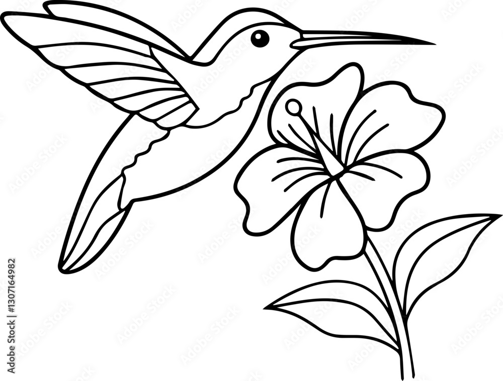 Obraz premium SVG vector features hand-drawn birds and insects with line art. Hummingbird in Flight Near Colorful Flower with Leaves