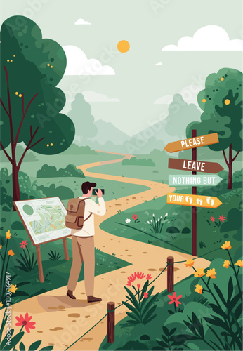 Man walking along a protected trail while taking pictures of the flora. Minimalist flat design illustration