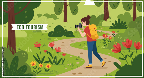 Woman taking pictures on nature trail respecting wildlife environment. Eco tourism concept. Colorful flat design illustration