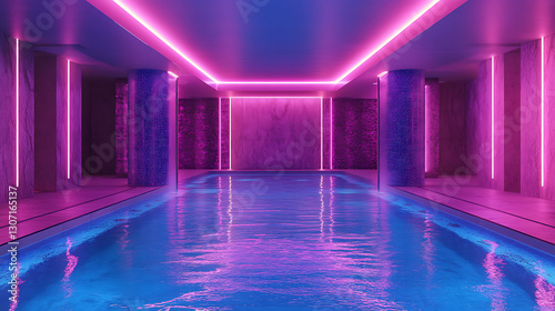 neon lit reflective pool design featuring luxurious ambiance and elegant symmetry with glowing water aesthetic and modern evening architectural style