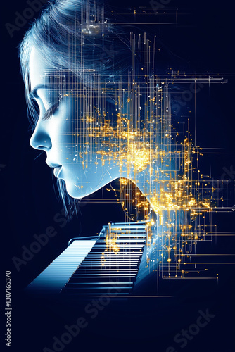 A futuristic portrait of a woman merging with digital circuits, glowing with golden data streams. A piano extends from her, symbolizing the fusion of AI and music.