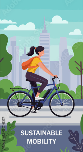 Electric bike in the city, sustainable mobility concept. Colorful flat style cartoon vector