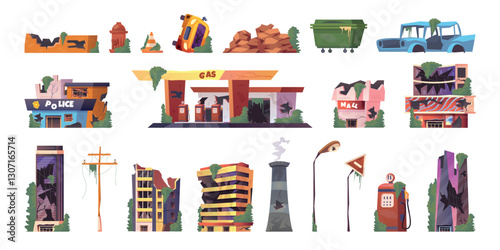 Post apocalypse. Apocalyptic infrastructure destroyed city landscape cartoon game elements, abandoned building collapse damaged house after disaster war, swanky vector illustration