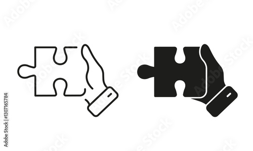 Jigsaw Piece in Human Hand Icon. Successful Teamwork, Cooperation, Togetherness Pictogram. Puzzle Match, Problem Solving Sign. Editable Stroke. Isolated Vector Illustration